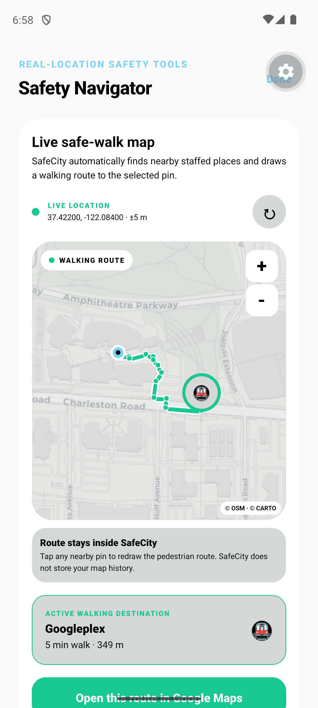 SafeCity Safety Navigator map and route interface